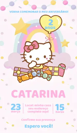 Convite de Aniversário Hello Kitty Arco-íris para Editar