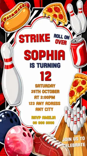 Editable Bowling Birthday Party Invitation Template