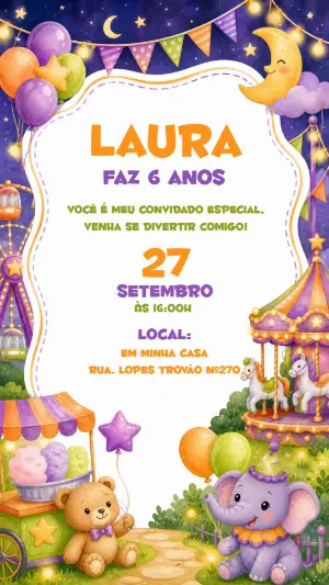 Convite Aniversário Parque de Diversões Menina Editável
