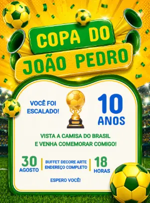 Convite de Aniversário Futebol Brasil Copa do Mundo Editável