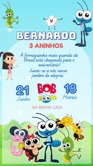 Convite de Aniversário Bob Zoom Colorido para Editar