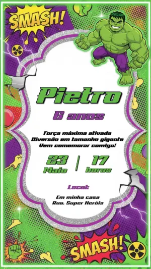 Convite de Aniversário Hulk Estilo Quadrinhos para Editar