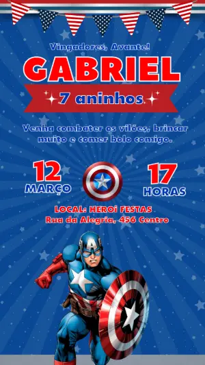 Convite de Aniversário Capitão América Editável para Menino