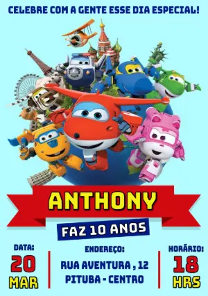 Convite de Aniversário Super Wings: Modelo Infantil Editável