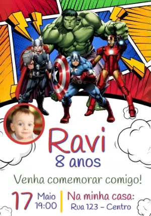 Convite de Aniversário Vingadores com Foto Modelo Editável