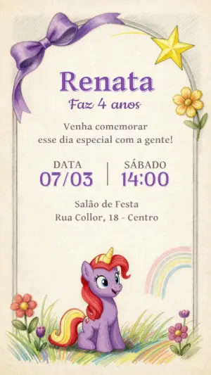 Convite de Aniversário Pônei Unicórnio Desenho Editável