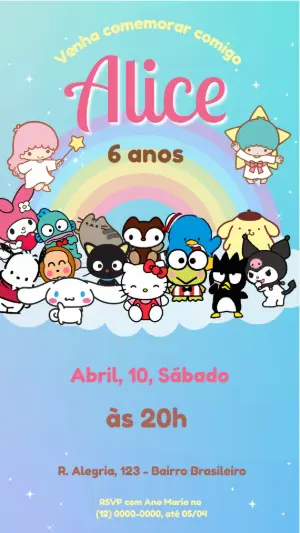 Vídeo Convite de Aniversário Hello Kitty e Turma para Editar