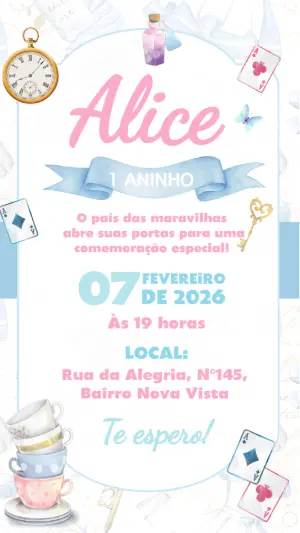 Convite Digital Aniversário Alice no País das Maravilhas Aquarela