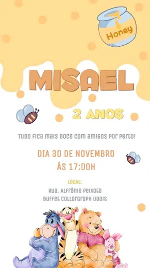 Convite de Aniversário Ursinho Pooh Fofo para Editar Online