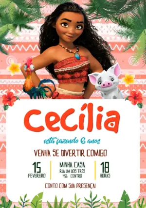 Convite de Aniversário Moana Tropical para Editar Online