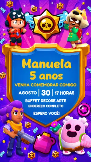 Convite de Aniversário Brawl Stars Colorido para Editar