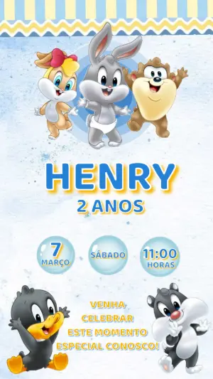 Convite de Aniversário Looney Tunes Baby Editável para Menino