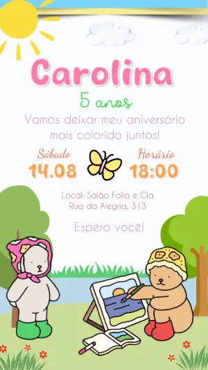 Convite Aniversário Ursinhos Pintando para Editar Online