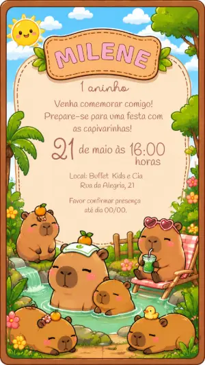 Convite de Aniversário Capivara Fofo para Editar Online
