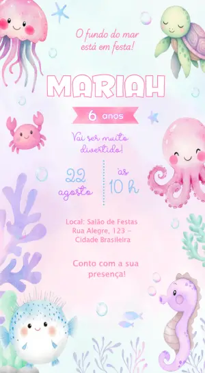 Convite Aniversário Infantil Fundo do Mar Aquarela Editável