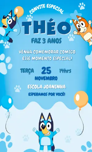 Convite de Aniversário Infantil Bluey e Bingo Modelo Editável
