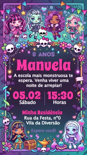 Convite de Aniversário Monster High Fofo Modelo Editável