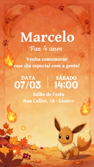 Convite de Aniversário Pokémon Eevee Laranja para Editar