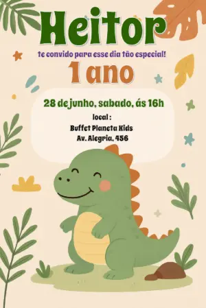 Convite Aniversário Dinossauro Baby Fofo para Editar Online