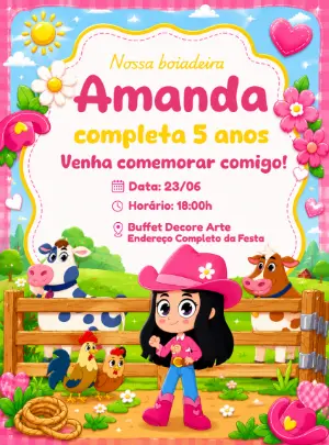 Convite de Aniversário Boiadeira Rosa para Editar