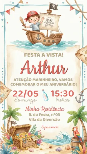 Convite de Aniversário Pirata Infantil em Aquarela para Editar