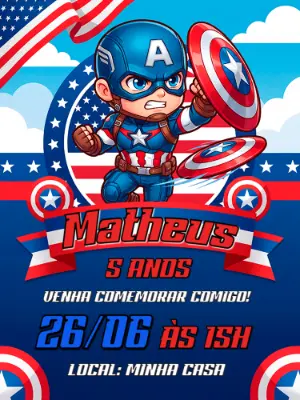 Convite Digital Herói Capitão América Modelo Editável