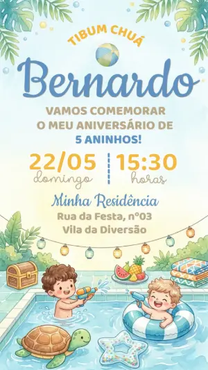 Convite de Aniversário Pool Party Menino Aquarela Editável