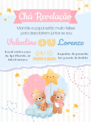 Convite Chá Revelação Ursinhos Realeza para Editar Online