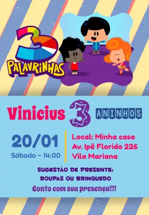 Convite Aniversário 3 Palavrinhas para Editar Online