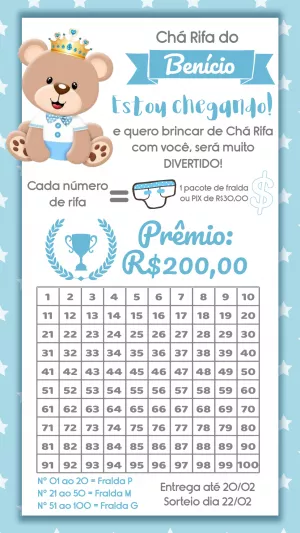 Convite Chá Rifa Ursinho Príncipe Azul para Editar Online