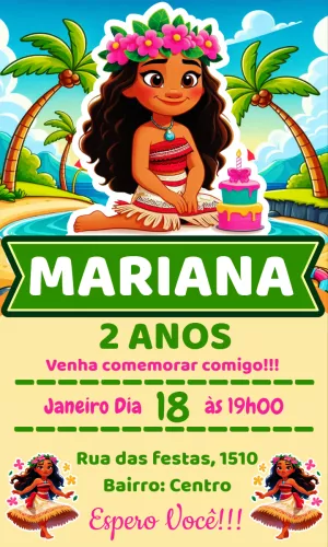 Convite de Aniversário Moana Disney para Editar Online