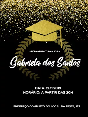 Convite de Formatura Preto e Dourado com Glitter para Editar Online