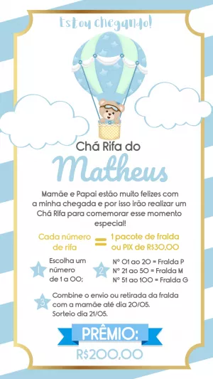 Convite Chá Rifa Ursinho Baloeiro para Editar Online