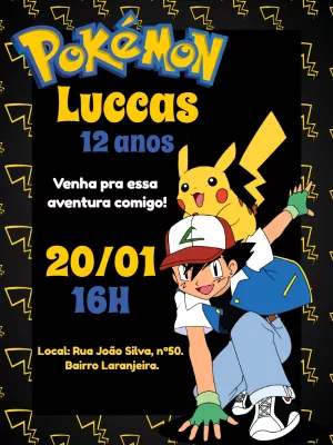 Convite de Aniversário Pokémon com Ash e Pikachu para Editar