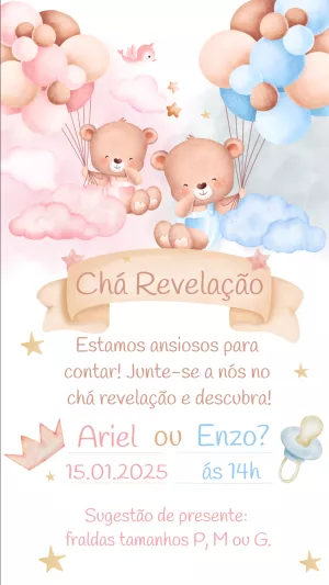 Convite Chá Revelação Ursinhos Fofos para Editar Online