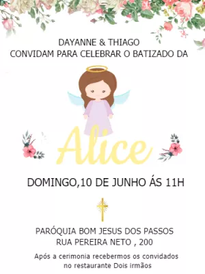 Convite de Batizado Floral com Anjinha para Editar Online