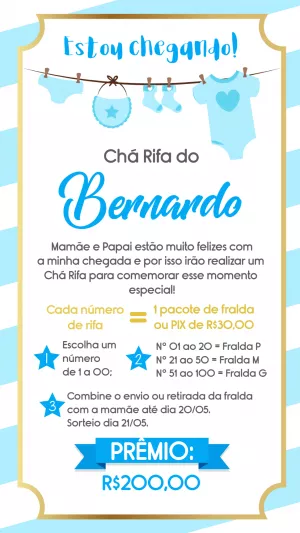 Convite Chá Rifa Menino Varal de Roupas para Editar Online
