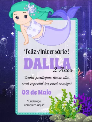 Convite de Aniversário Sereia Fundo do Mar para Editar Online