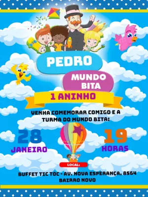 Convite Aniversário Mundo Bita com Personagens para Editar Online