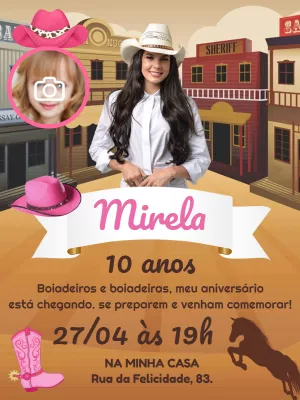 Convite Aniversário Boiadeira com Foto para Editar Online
