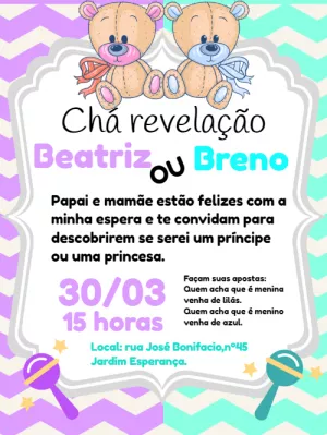 Convite Chá Revelação Ursinhos para Editar Online