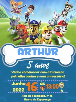 Convite de Aniversário Patrulha Canina para Editar Online