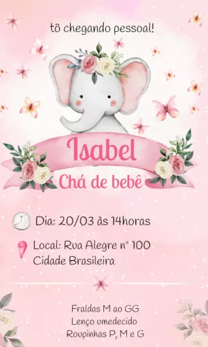 Convite Chá de Bebê Elefantinha Rosa para Editar Online
