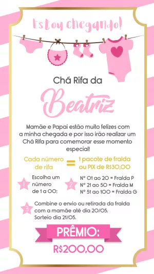 Convite Chá Rifa Menina Varal de Roupas para Editar Online