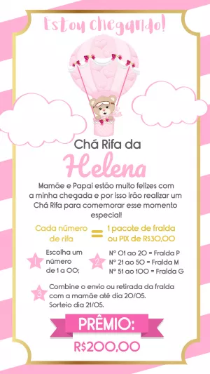 Convite Chá Rifa Ursinha Baloeira Rosa para Editar Online