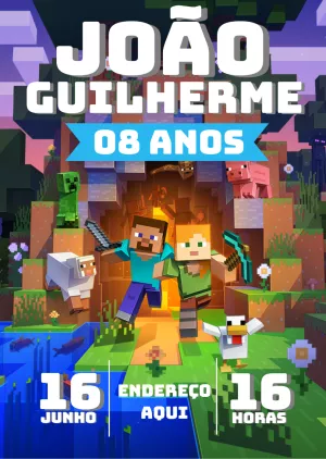 Convite de Aniversário Minecraft com Personagens para Editar