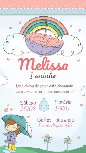 Convite Aniversário Chuva de Amor com Arco-Íris para Editar Online