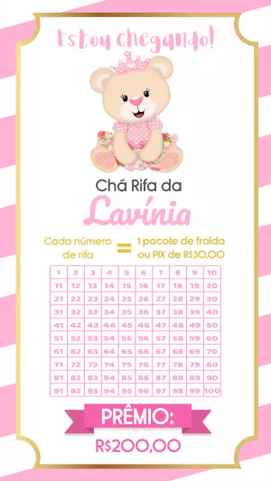 Chá Rifa Ursinha Princesa: Convite Editável para Imprimir