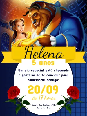 Convite Aniversário A Bela e a Fera para Editar Online