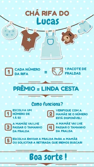 Convite Chá Rifa Menino Varal de Roupas para Editar Online